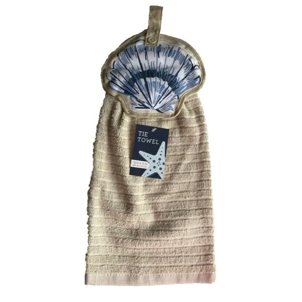 Shell Hanging Kitchen Dish Towel Set Of 2 Button Tie Beige Summer Beach House